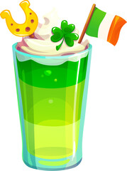 St Patrick day holiday green festive drink in a glass, topped with whipped cream, shamrock, golden horseshoe and an Irish flag. Cartoon celebratory beverage for Irish parties, symbolizing luck and joy