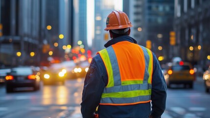 Fototapeta premium Construction Worker Overseeing Traffic Flow Amidst the Urban Cityscape Ambience