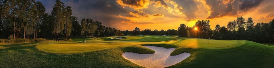 Serene view of a golf course sand trap illuminated by evening light. 
