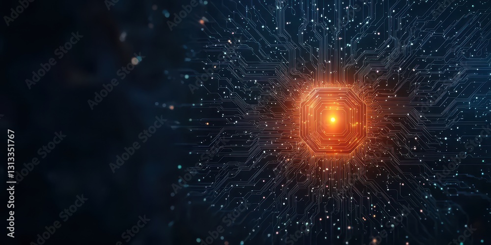 Poster a glowing orange core is surrounded by intricate blue circuitry, symbolizing the fusion of technolog