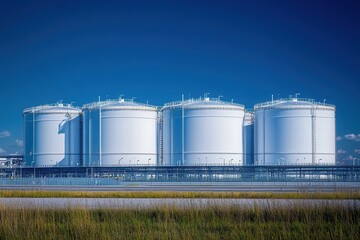 Obraz premium Four large white storage tanks under a clear blue sky. Illustrates industrial storage, energy, or chemical processing.