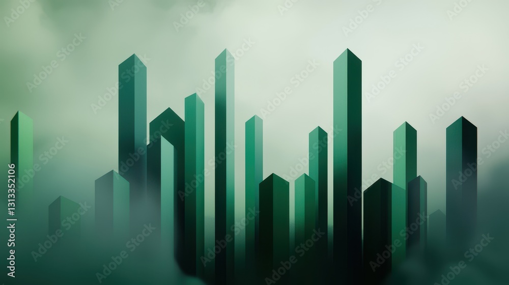 Poster abstract green crystal structures rise through a misty background, creating a mystical and ethereal 