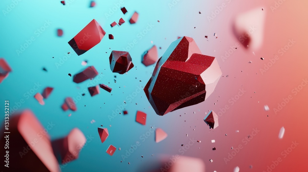 Aufkleber A vibrant, abstract scene featuring floating red geometric shapes against a gradient blue and pink background, creating a dynamic and modern visual effect.