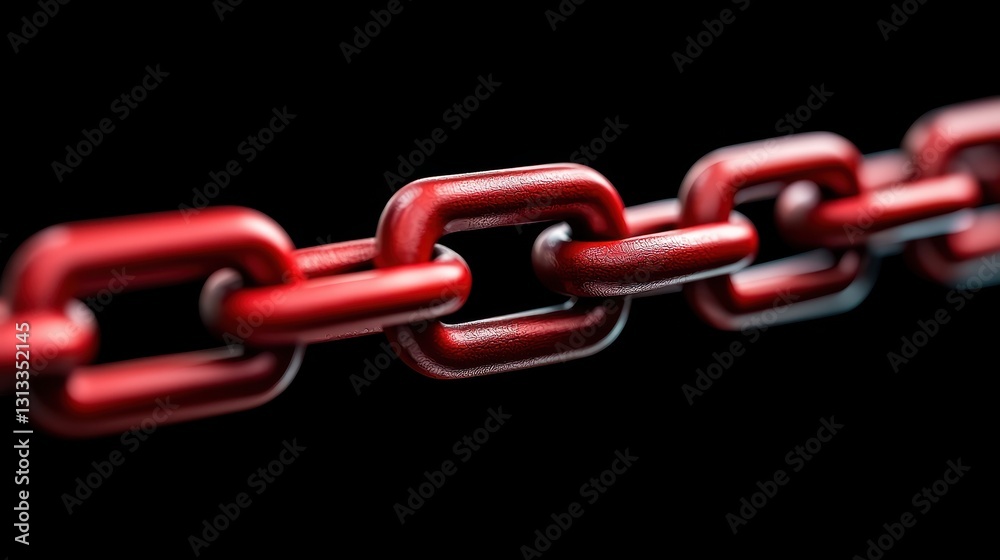 Poster a close-up image of a vibrant red chain against a black background, showcasing details and texture i