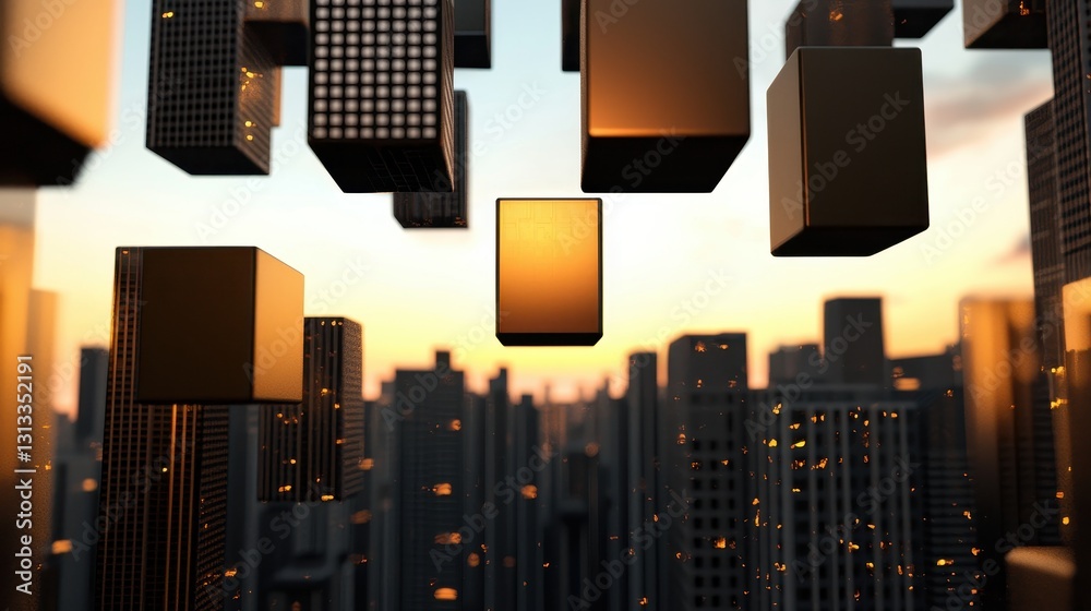 Poster Abstract cityscape with floating cubes in a sunset backdrop, creating a futuristic and digital atmosphere.