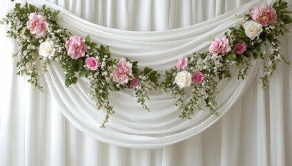 A raster illustration of a white daisy flower with leaves and small butterfly flowers, painted in watercolor on a green background with a thistle floral pattern and greenery, showcasing a phytology