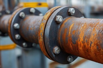 Aged steel water pipeline shows rusted bolts and flanges Weathered rust texture and oxidized surface