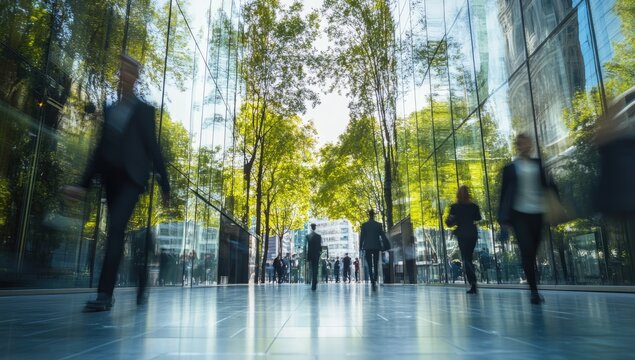 Urban Business People Walking, Modern Building, Lush Green Trees