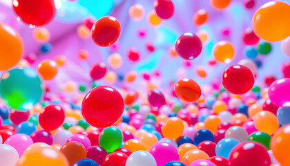 Surreal candy world where jellybeans hover in mid-air, pulsating with vibrant neon energy