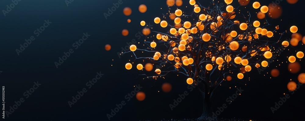 Poster a vibrant, abstract tree made of glowing orange spheres against a dark background, creating a striki