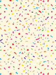 Seamless abstract pattern of multicolor falling confetti on a light background, flat style