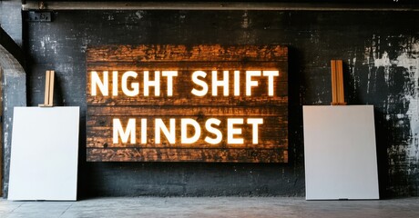 Rustic wooden billboard night shift mindset deep brown glowing white mounted industrial style artist s loft filled canvas paint