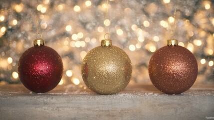 Three sparkling Christmas ornaments in red, gold, and bronze hang against a backdrop of soft, twinkling lights, creating a festive atmosphere
