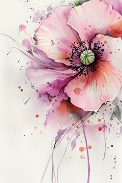 Vibrant abstract pink watercolor poppy flowers with splashes.