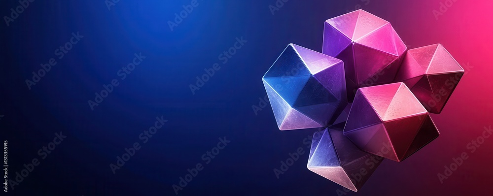 Poster a vibrant geometric design featuring colorful, faceted shapes against a gradient background of blue 