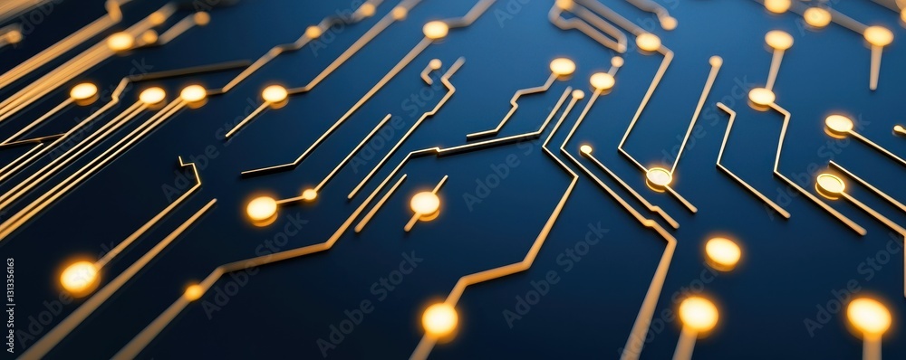 Poster A close-up image of a circuit board with intricate gold lines and dots against a dark background, illustrating modern technology and electronic design.