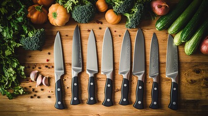 Professional knives arranged with fresh vegetables.