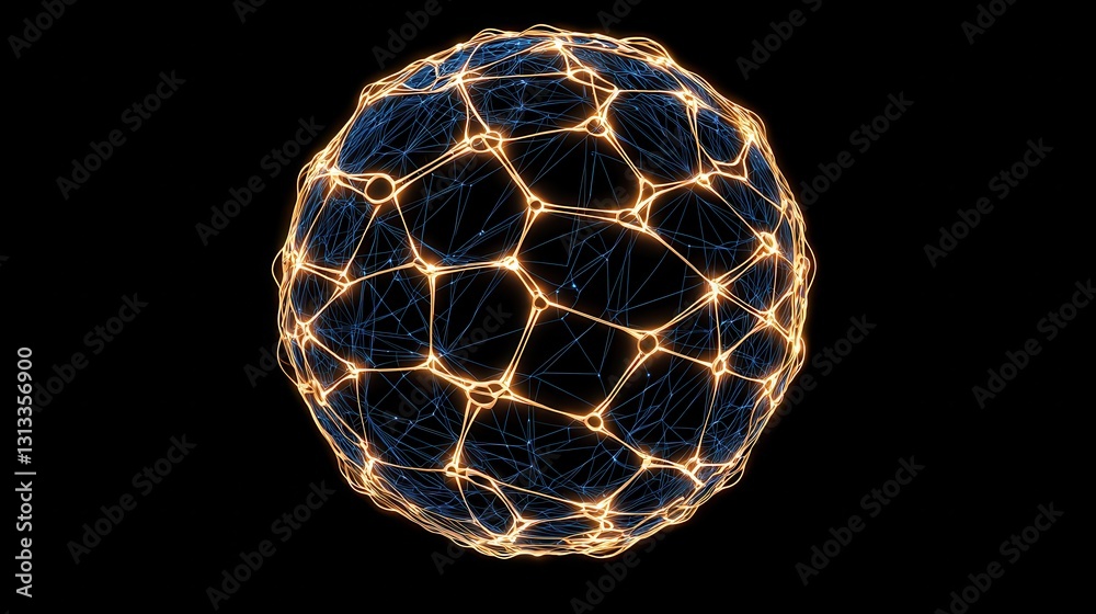Poster a glowing, spherical structure with a mesh-like pattern, set against a dark background, suggesting t