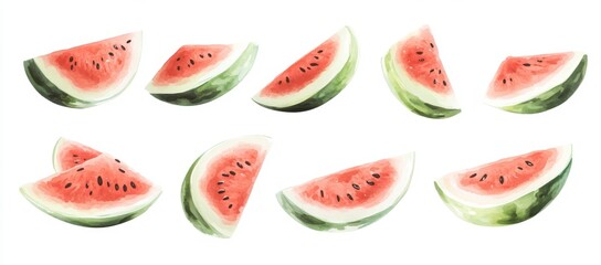 A seedless watermelon falling, centered on a white background