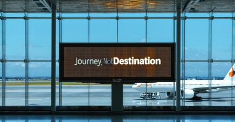 Sleek digital billboard journey not destination metallic silver warm amber standing inside high tech airport terminal panoramic glass windows
