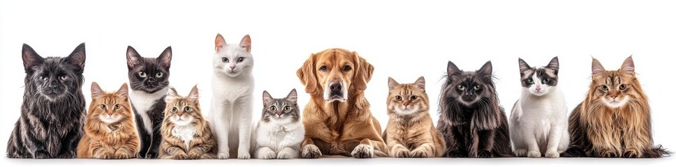 A dog and a cat are depicted in full length on a clear background, both gazing upwards in the same direction