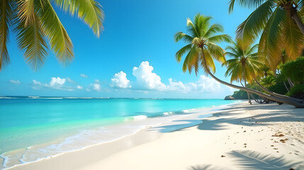 Tropical beach with palm trees, white sand, and turquoise water under a clear blue sky.