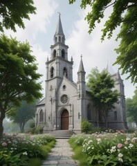 Obraz premium Muted grey church architecture with lush green foliage and blooming flowers in the foreground, grey sky, church building, misty atmosphere