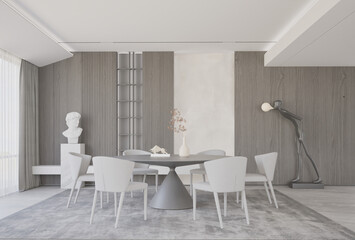 interior of a modern dinning room with table and chair, decorative items, wood wall