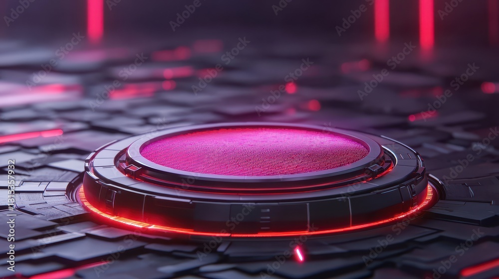 Poster a futuristic circular platform with pink glowing patterns, surrounded by dark textured surfaces and 