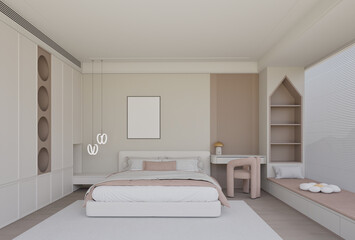 interior of kid room with large bed and furniture, decorative items