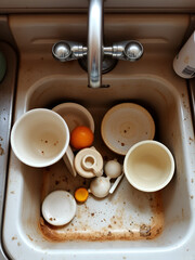 Dirty dishes in a 1960s era kitchen sink
