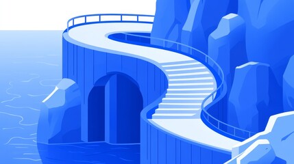 Monochromatic pixelated pathway curved along the water's edge minimalistic art style reminiscent of old computer games journey beckons