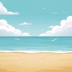 Obraz premium Serene Beachscape: A tranquil scene of an expansive beach meeting the calm ocean under a bright, sunny sky. The idyllic setting is complemented by soft, puffy clouds and the subtle flight of seagulls.