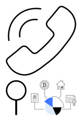 Phone receiver with magnifying glass, pie chart, bitcoin symbol, document, certificate, and house. Ideal for communication, business analysis, finance cryptocurrency real estate customer service