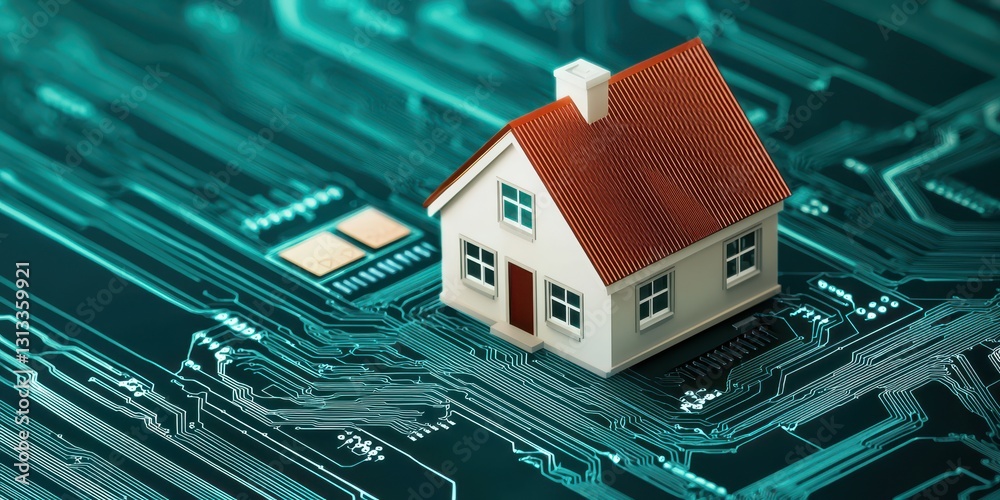 Aufkleber a miniature house sits on a circuit board, symbolizing the intersection of home and technology.