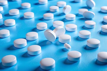 Scattered White Pills on Blue Table: Medical & Pharmacy Background