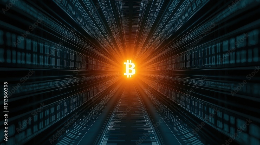 Poster a glowing bitcoin symbol radiates light, surrounded by dark binary code, representing the digital cu