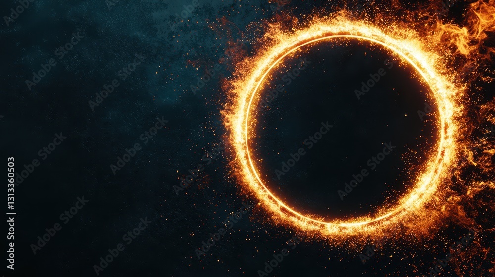 Poster a glowing ring of fire against a dark background, creating a striking visual contrast that evokes a 