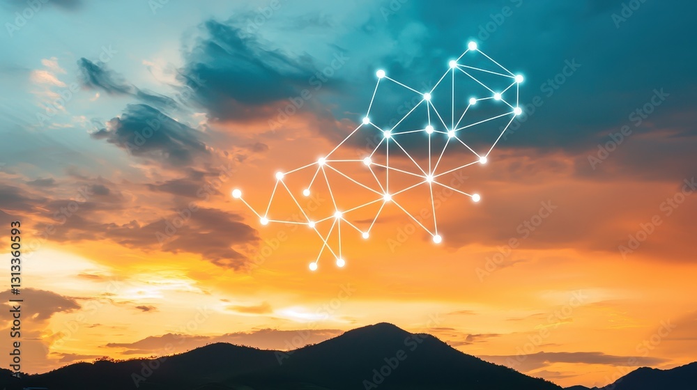 Poster A digital network pattern overlays a sunset over mountains, symbolizing technology's connection with nature.