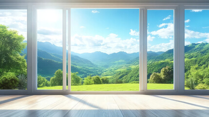 panoramic window view of clear sky with clouds over green mountains, creating serene atmosphere