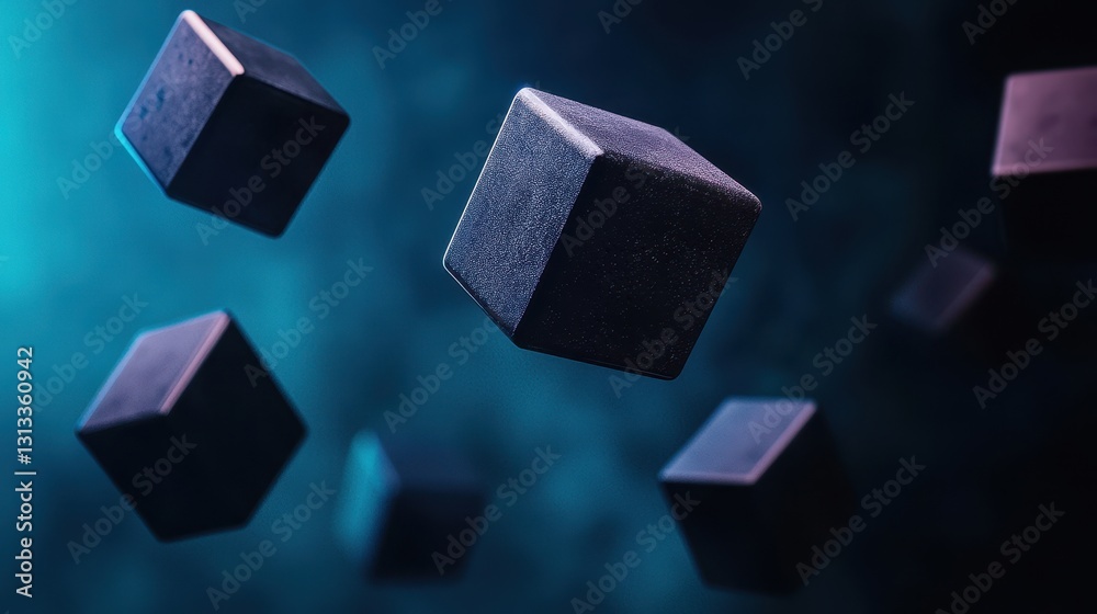 Poster A captivating image of floating black cubes against a blue backdrop, creating a sense of depth and intrigue.