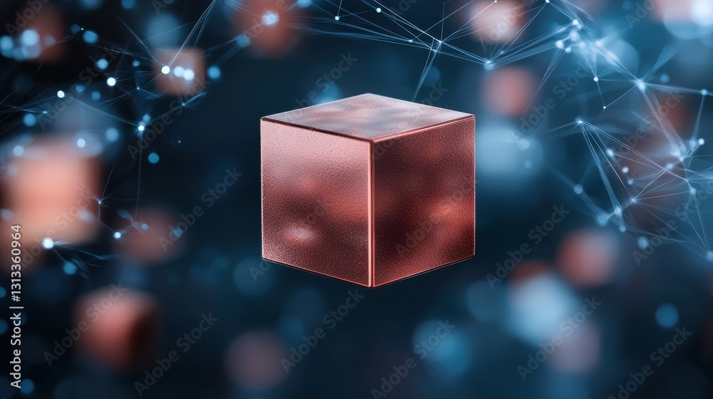 Poster A metallic cube is prominently displayed against a blue, abstract background with glowing particles and interconnected lines, evoking a sense of technology and innovation.
