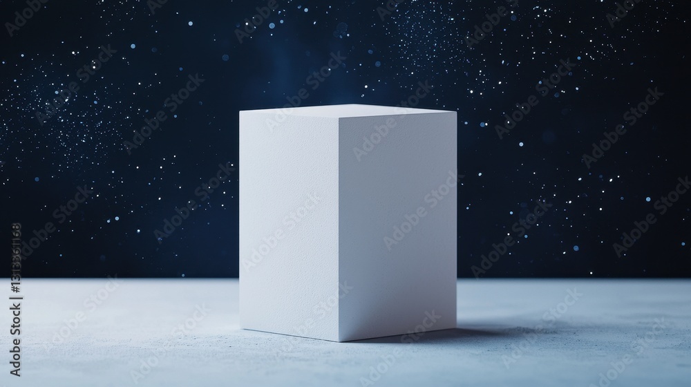 Poster a minimalist white cube stands against a dark background, surrounded by scattered light particles, c