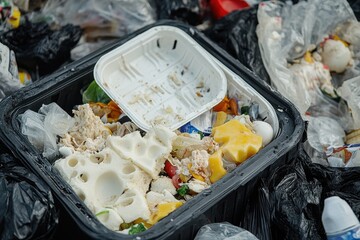 Discarded white foam food trays and plastic piled in a dirty black bag for trash or recycling