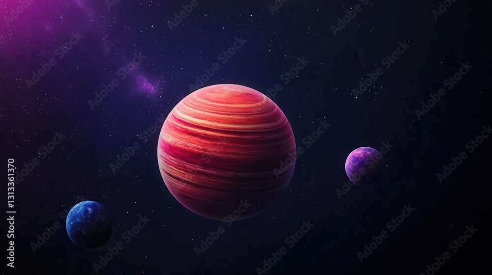 Poster a stunning cosmic scene featuring three colorful planets set against a starry backdrop, evoking a se