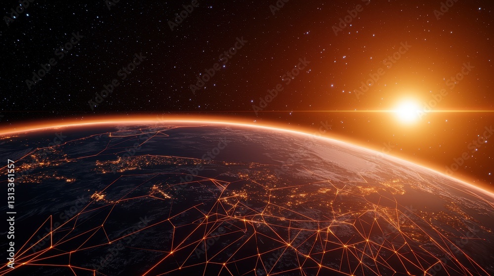 Poster a stunning view of earth from space, illuminated by the rising sun, showcasing intricate networks of