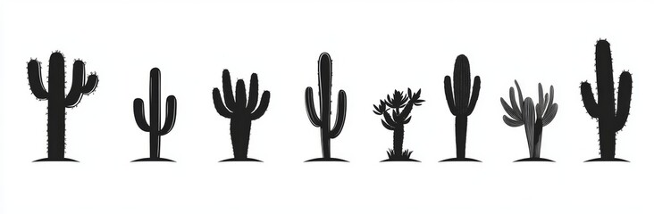 Hand-drawn black silhouettes of various desert plants on a white background, including a cactus
