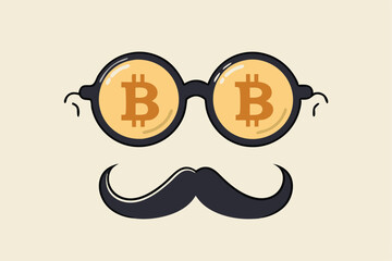 Bitcoin whale or anonymous who rich with bitcoin crypto trading, cryptocurrency guru or success investor with no identity concept, fancy nerd eyeglasses with precious Bitcoin symbol and mustache.