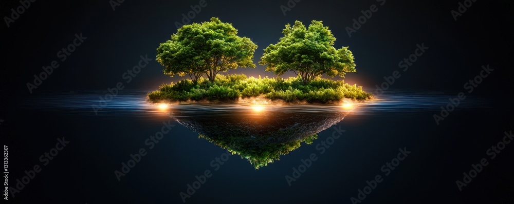 Poster a serene island featuring two lush trees, illuminated by soft lights, reflecting on dark water, crea