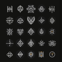Collection of geometric esoteric symbol illustrations on a black background